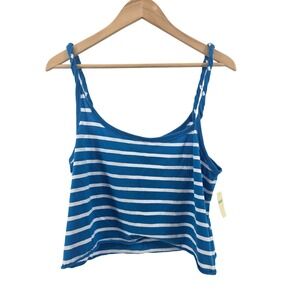 Aerie Tank Top Womens Large Blue White Striped Cropped Twisted Strap Raw Hem
